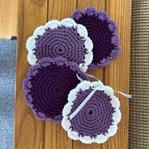 Purple and White Crochet Coasters Set. Set of 4. 5 1/4 inches